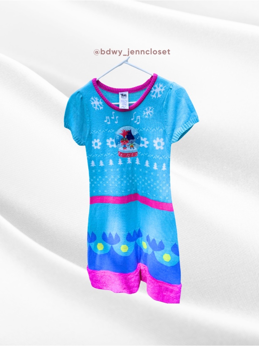 🆕Trolls Aqua Knit Dress with Pink Trim and Multicolor Snow Globe Graphic